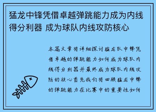 猛龙中锋凭借卓越弹跳能力成为内线得分利器 成为球队内线攻防核心